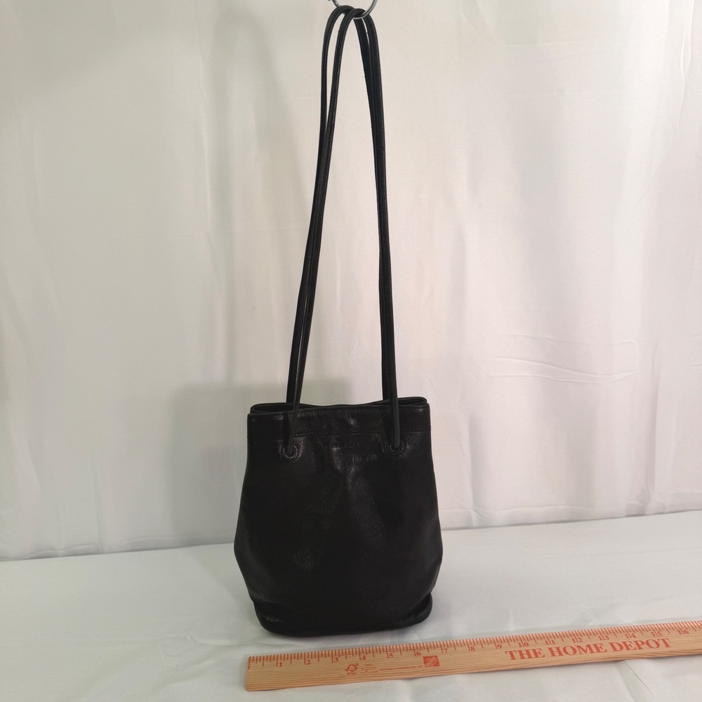 Nine West Black Genuine Leather Bucket Shoulder Bag Minimalist Double Strap